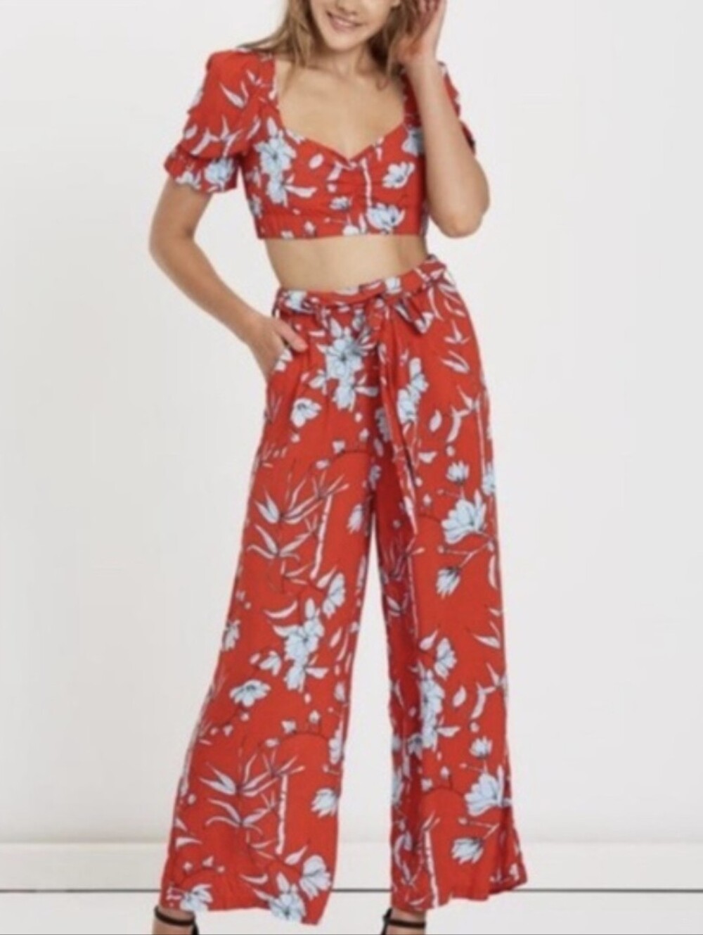 Charlie Holiday Red Floral Wide-Leg Trousers with Light Blue Blossoms NWT